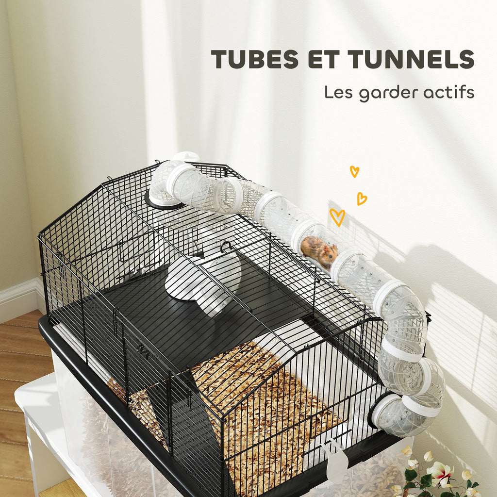 Cage pour hamster portable cage pour hamster avec rampe, gamelle, bouteille d'eau système de tuyaux 58 x 43 x 57 cm noir-5