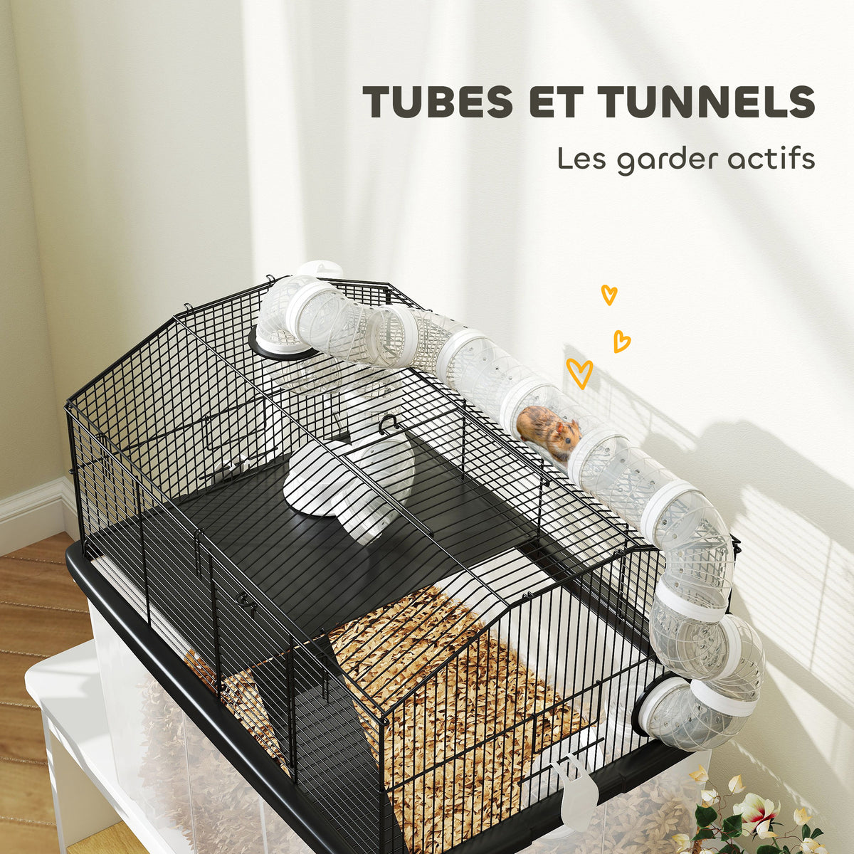 Cage pour hamster portable cage pour hamster avec rampe, gamelle, bouteille d'eau système de tuyaux 58 x 43 x 57 cm noir-5
