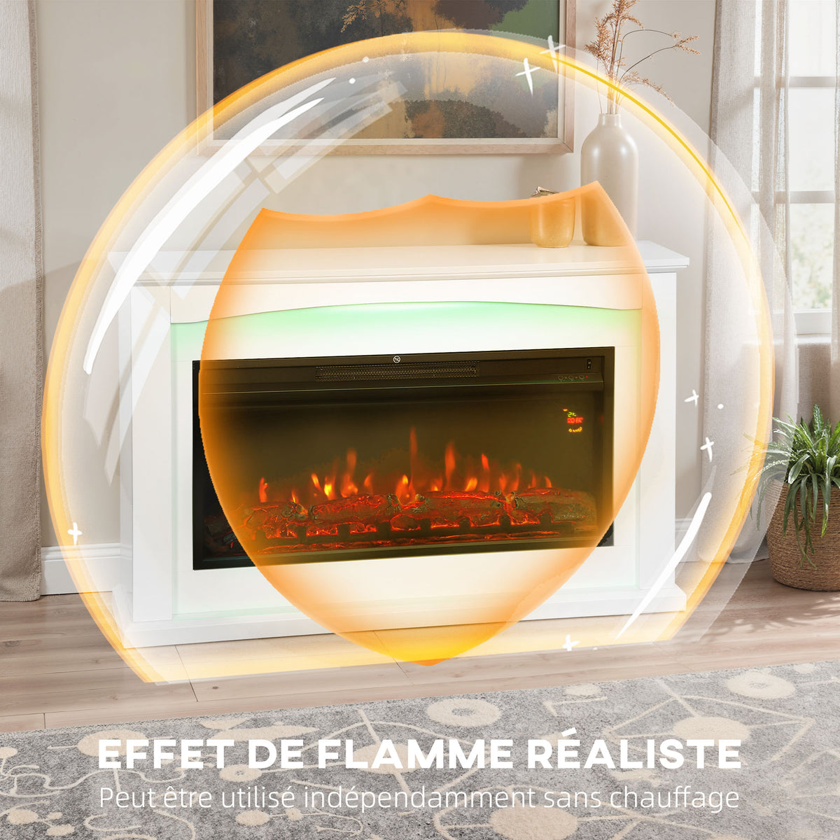 Cheminée électrique 1000W/2000W, fausse cheminée décorative, effet flamme à 5 luminosités réglables, 121x25x77cm, blanc-6