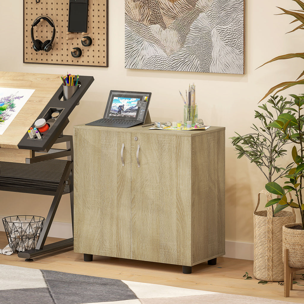 Armoire de bureau à 2 niveaux, meuble de rangement bureau avec 2 portes, serrures et clés, 80x40x80cm, chêne-6