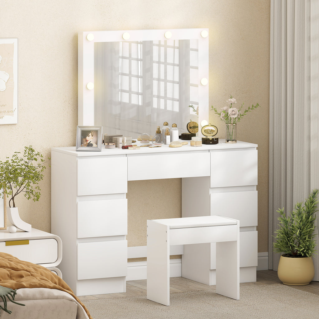 Coiffeuse avec miroir et tabouret table de maquillage avec miroir LED tabouret rembourré 7 tiroirs 110x39,5x140cm blanc-9