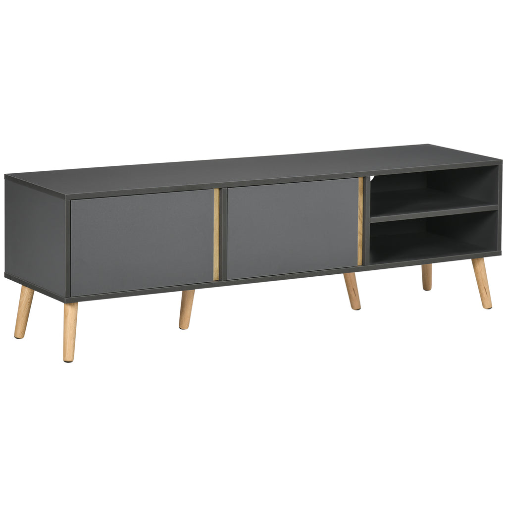 Meuble TV pour télévision jusqu'à 55 pouces scandinave 2 portes 2 niches avec passe-câbles 150 x 35 x 45 cm gris foncé-0