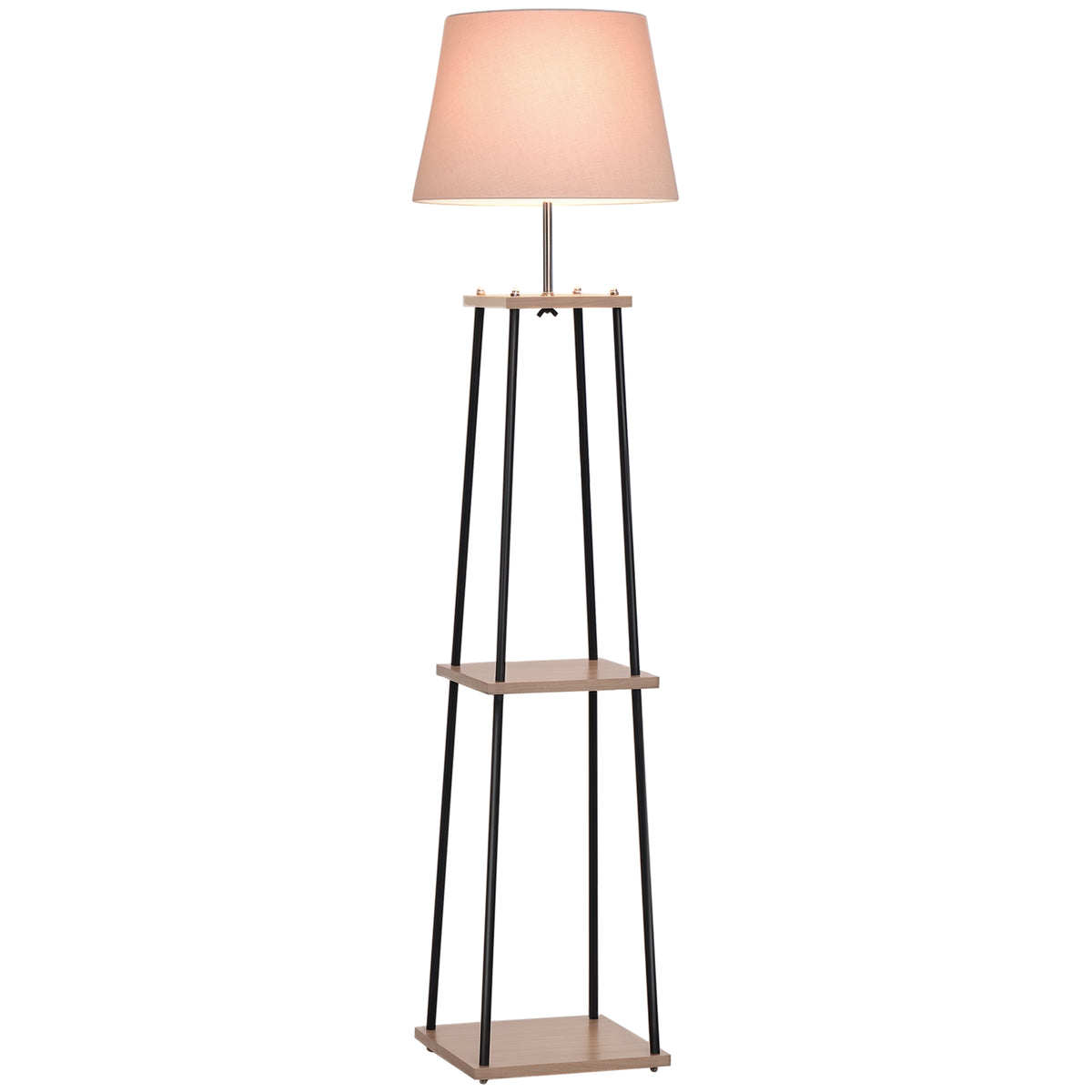 Lampadaire design contemporain dim. 40L x 40l x 160H cm 40 W max. 3 étagères intégrées bois massif pin métal noir lin beige-0