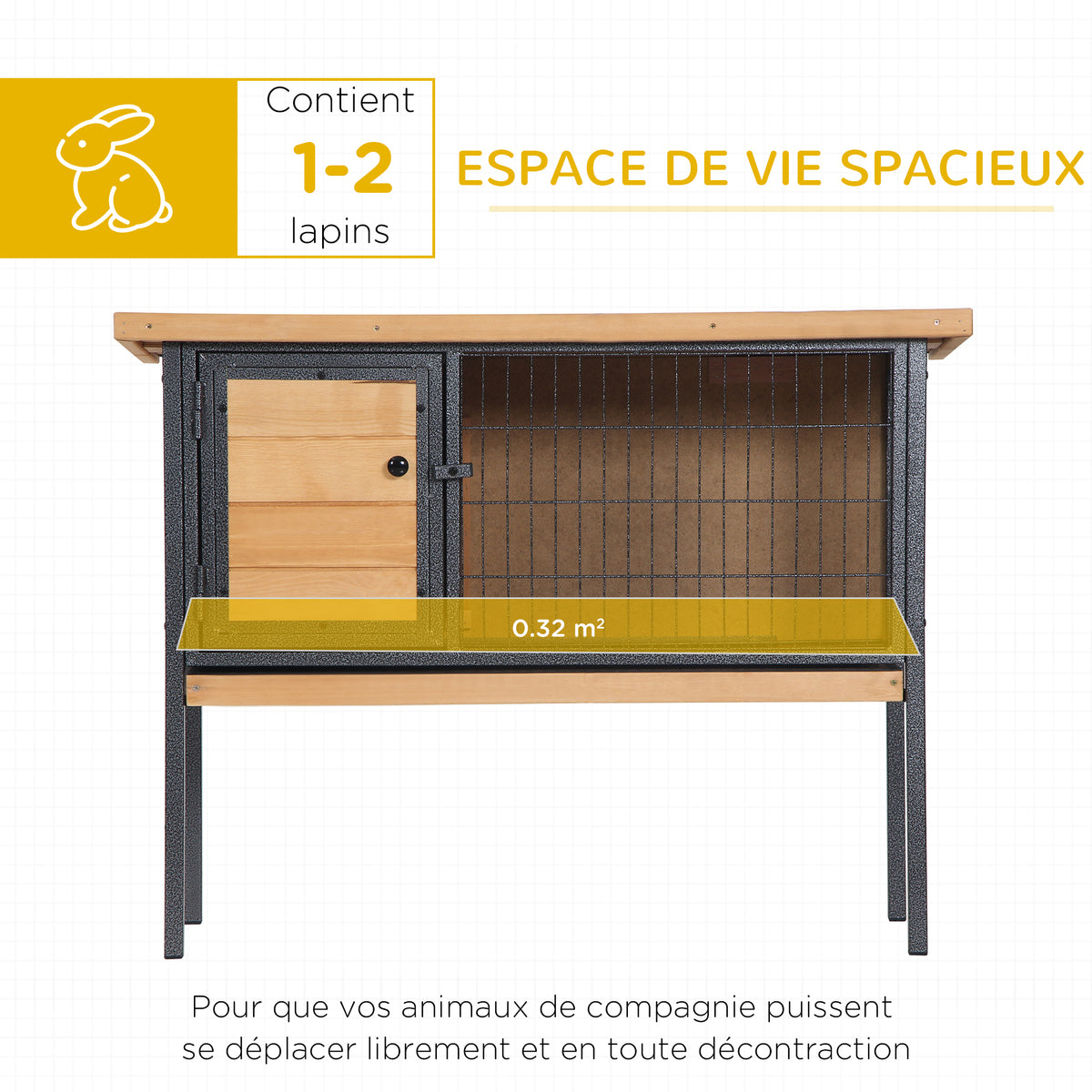 Cage à lapins en bois sur pieds, clapier pour rongeurs, cochons d'inde avec toit ouvrable - dim. 91,5L x 45l x 70H cm-3