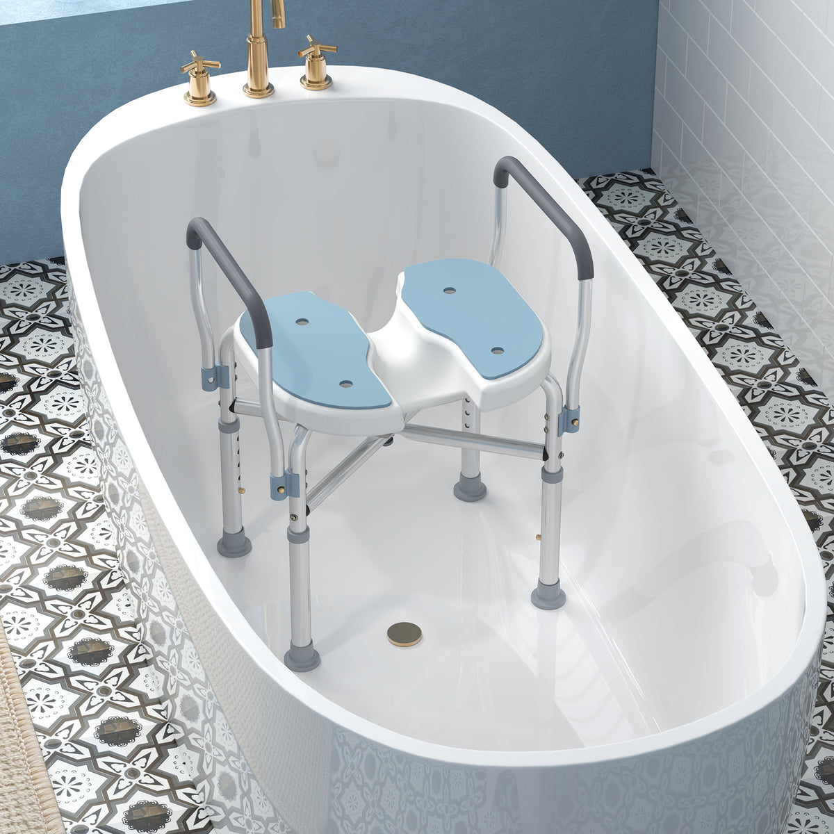 Chaise de douche avec accoudoirs siège de douche en forme U hauteur réglable anti-dérapant 53 x 36 x 64-75 cm bleu clair-1