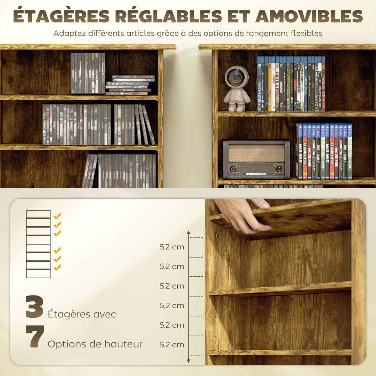 Rangements pour CD et DVD avec 8 compartiments et 6 étagères réglables, capacité max. 360 CD/185 DVD et Blu-ray, marron-4