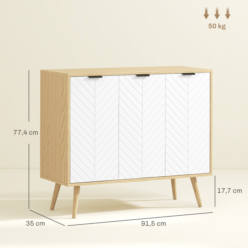 Buffet bas meuble de rangement 2 placards 3 portes motif chevrons étagères réglables 91,5 x 35 x 77,4 cm bois naturel-2
