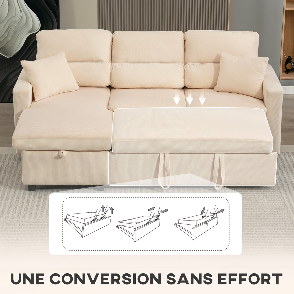 Canapé d'angle convertible en velours côtelé, canapé-lit 3 places avec rangement caché, coussins, 205x135x76cm, beige-4