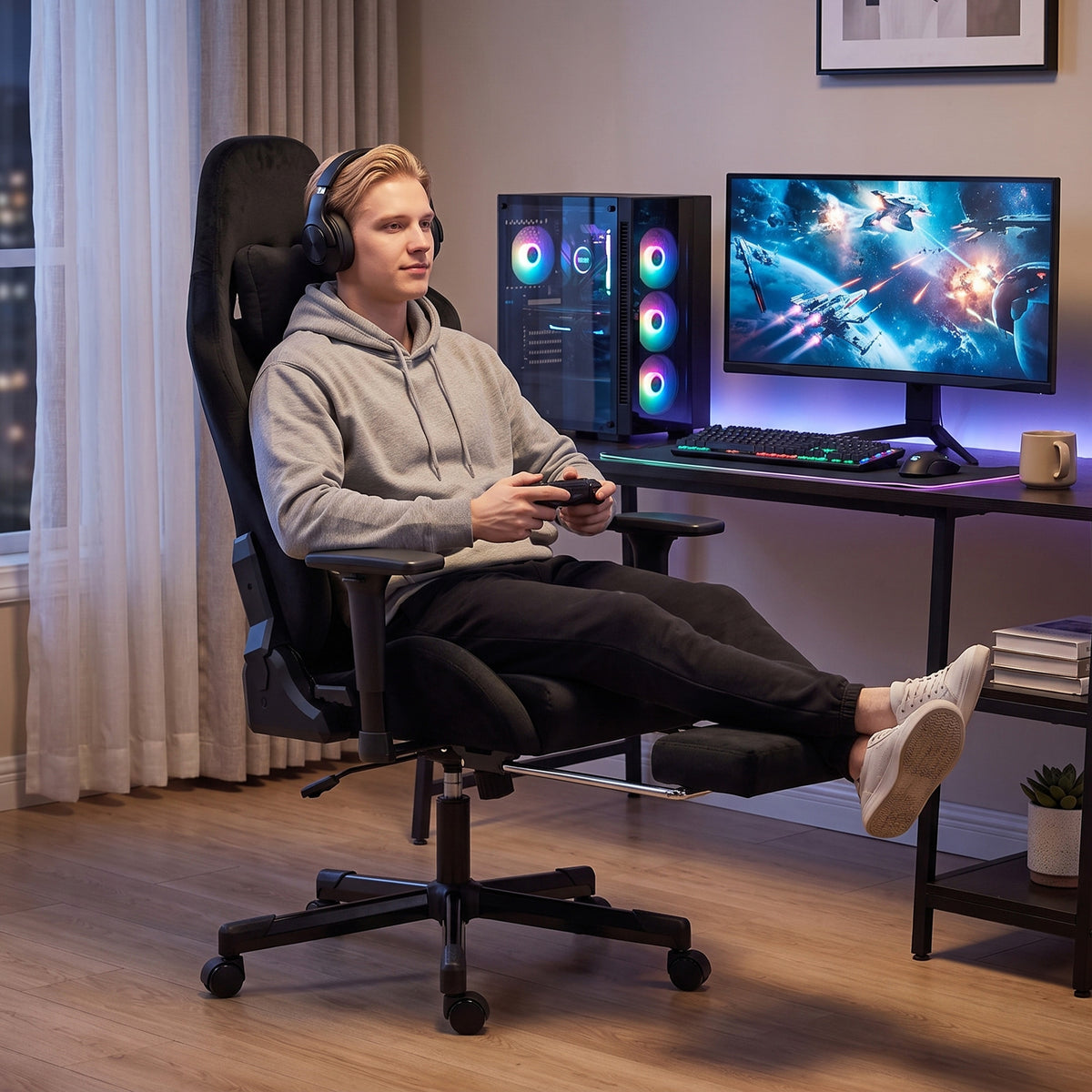 Chaise Gaming Ergonomique Massante et Coussin Lombaire Chauffant, Fauteuil Gaming Inclinable en Lin, Accoudoirs 3D, Noir-9