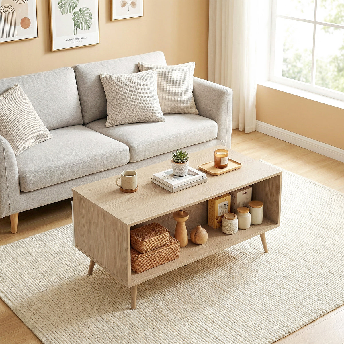 Table basse rectangulaire, table de salon moderne avec 2 tiroirs, 5 pieds en bois de pin, 100x50x46cm, chêne et blanc-7