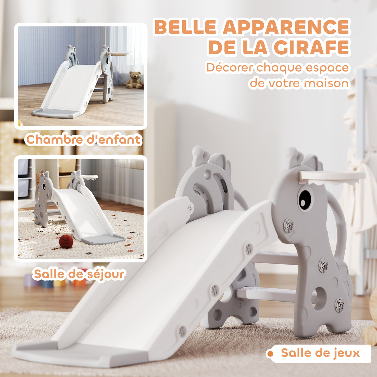 Toboggan pour enfants 3 en 1 en forme de girafe avec panier de basket, escalade et ballon, 106 x 51,5 x 52 cm, gris-4