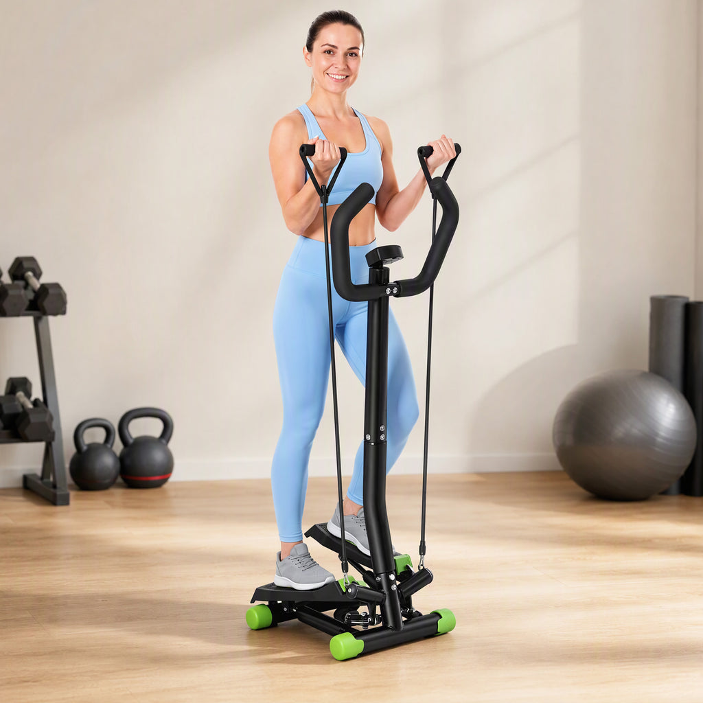 Stepper avec guidon, stepper de fitness avec écran LCD, pédales antidérapantes, marche d'escalier pour maison, bureau, salon, salle de sport, vert et noir-1