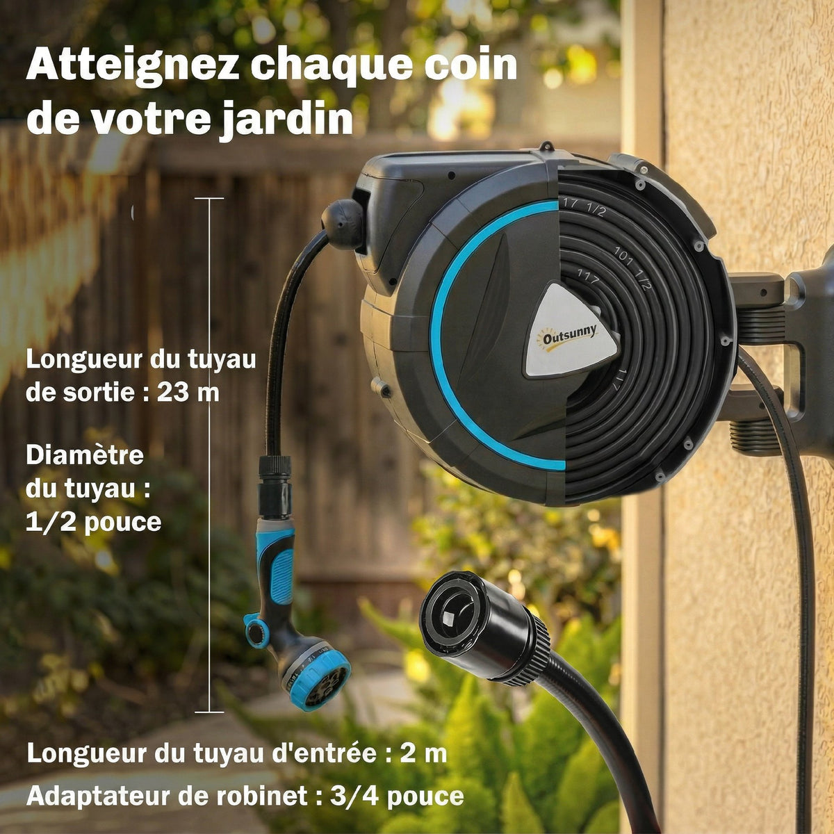 Enrouleur Tuyau Arrosage Mural Automatique 25m Dévidoir Automatique Pistolet d'Arrosage 10+2 Modes 55x31x50cm Bleu-3