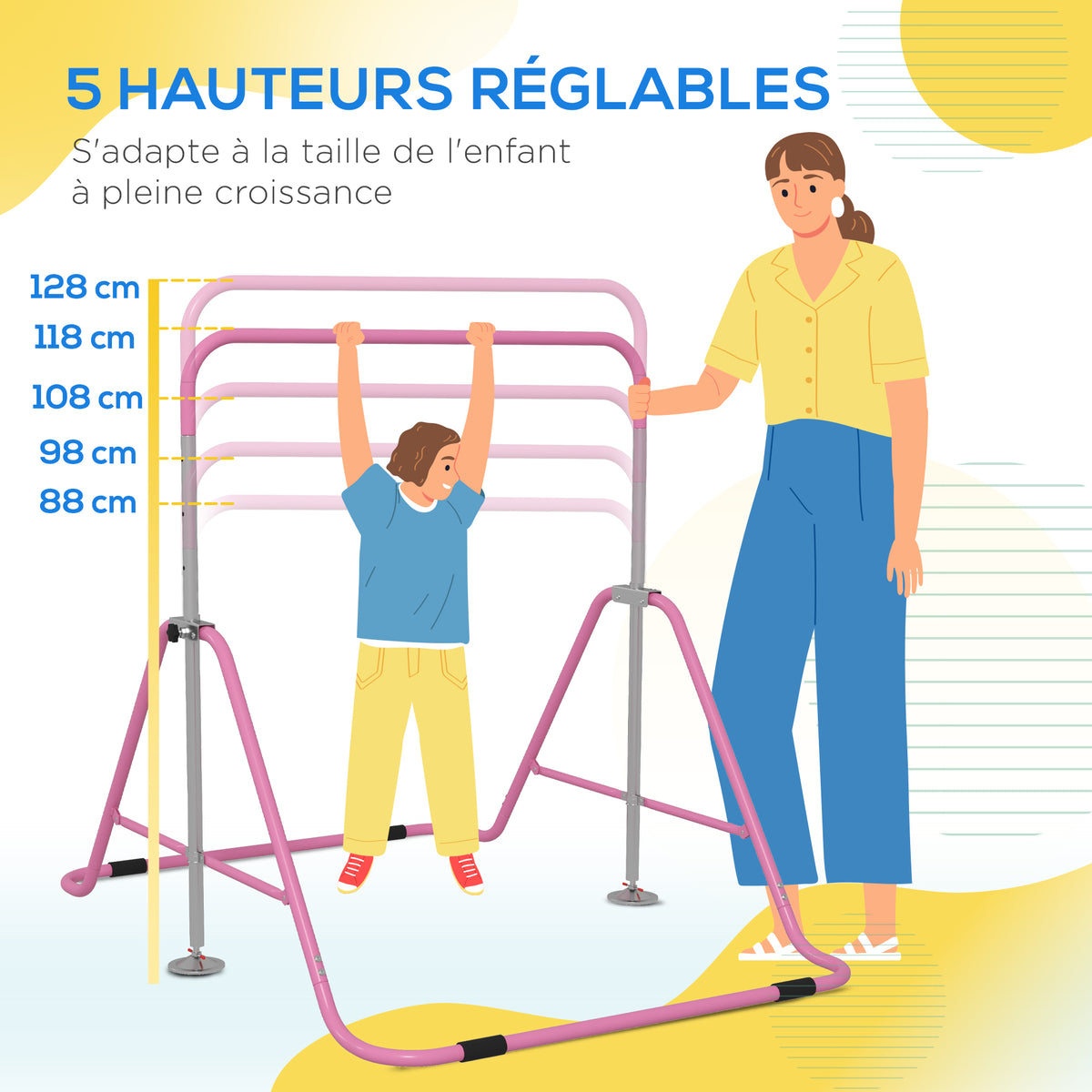 Barre fixe de gymnastique pour enfants pliante hauteur réglable de 88 à 128 cm rose-3