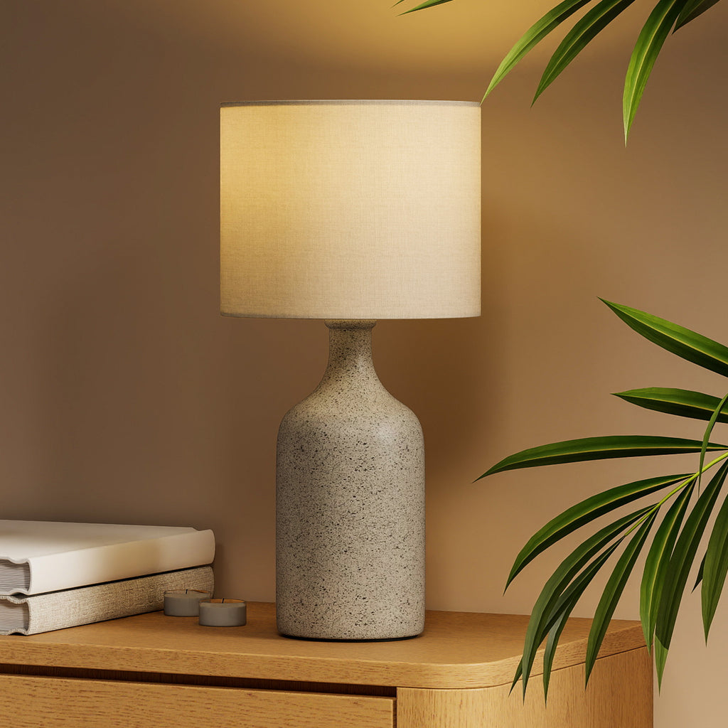 Lampe de Table avec Base en Céramique et Abat-Jour en Lin, Lampe de Chevet Rétro avec Culot E27, Blanc et Sable-5