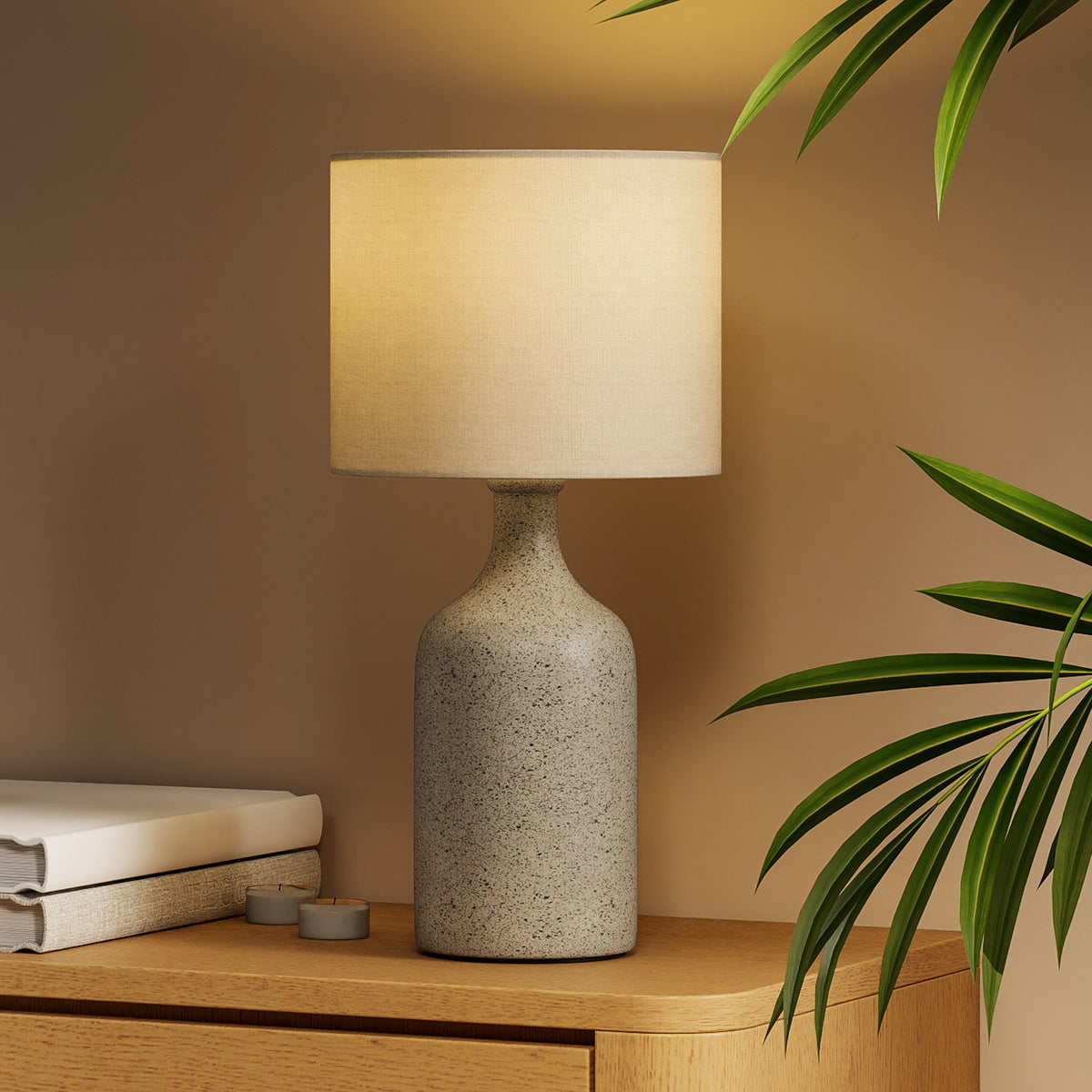 Lampe de Table avec Base en Céramique et Abat-Jour en Lin, Lampe de Chevet Rétro avec Culot E27, Blanc et Sable-5