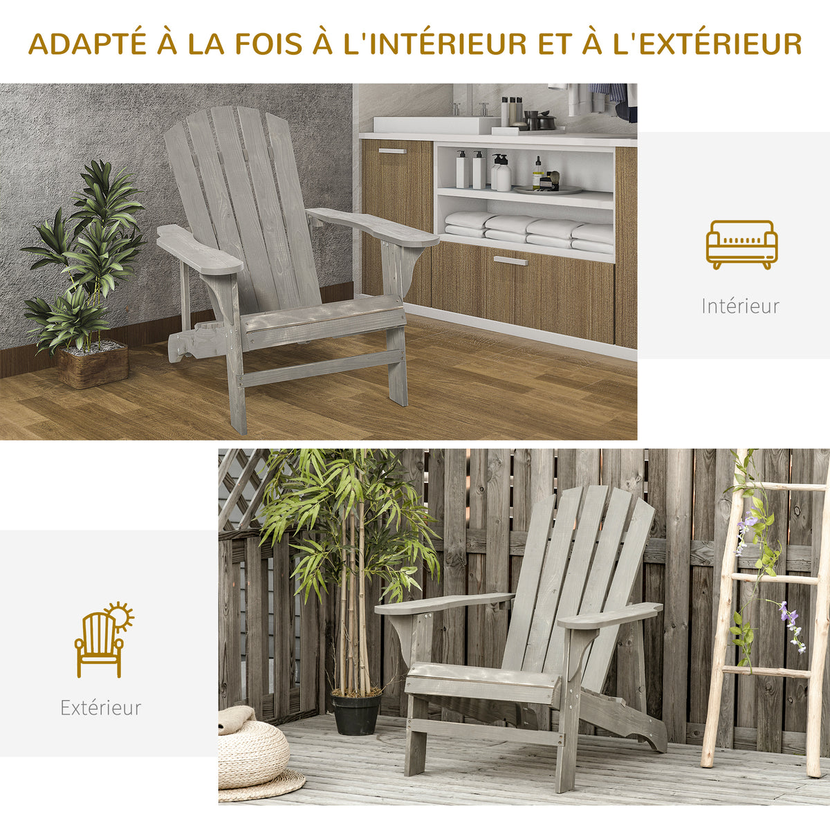Fauteuil adirondack Fauteuil de Jardin Chaise de Jardin de Plein Air dim. 78L x 89P x 88H cm Bois Massif Sapin-3