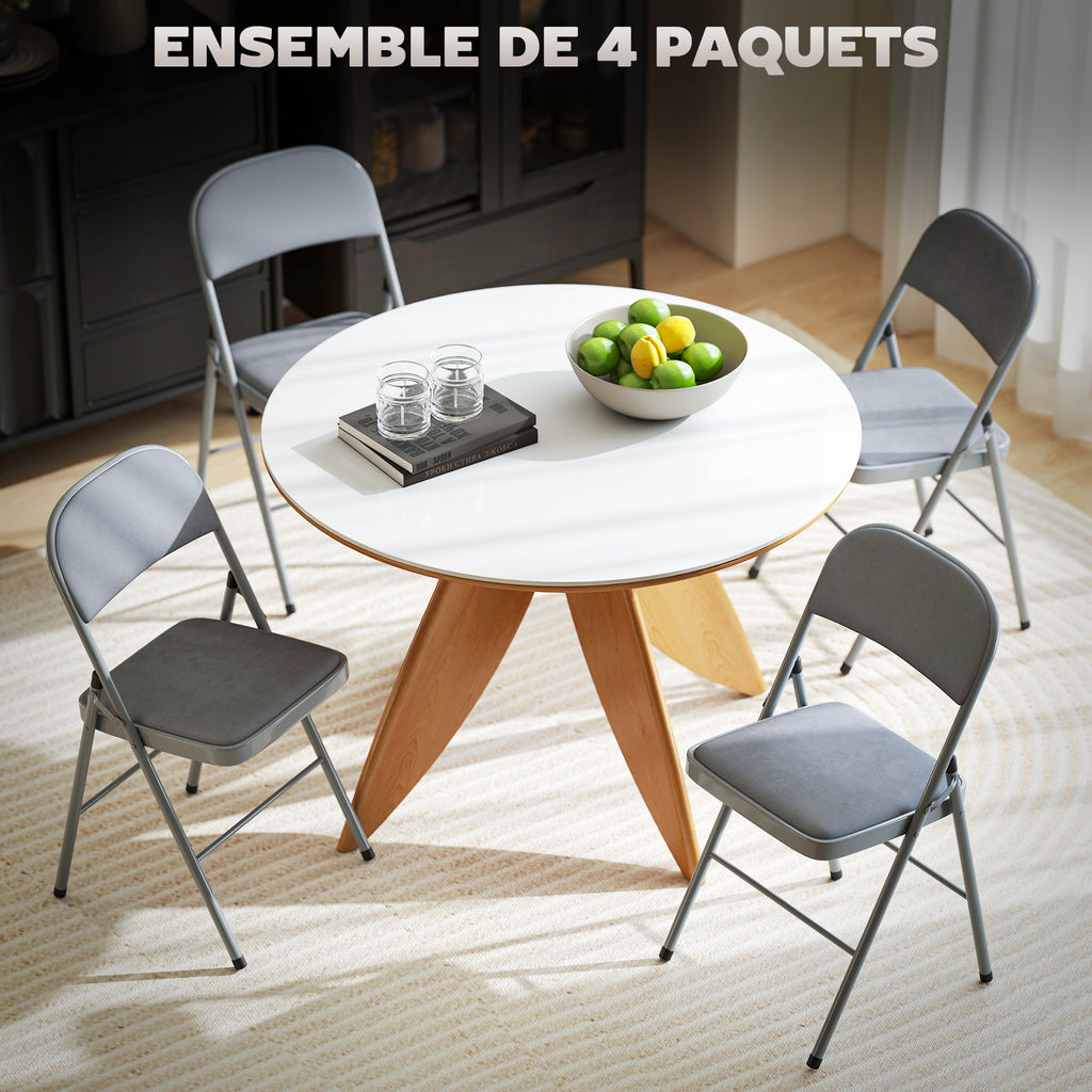 Lot de 4 chaises pliantes et portables intérieur avec assises et dossiers rembourrés en velours, cadre en acier, gris clair-3