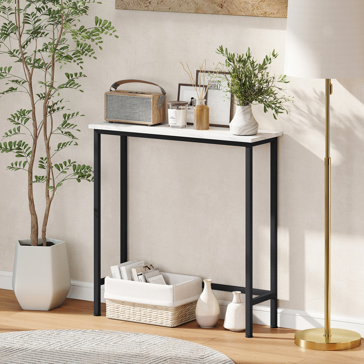 Console meuble 75 cm, table console plateaux en effet marbre, cadre en métal, style moderne blanc et noir-6