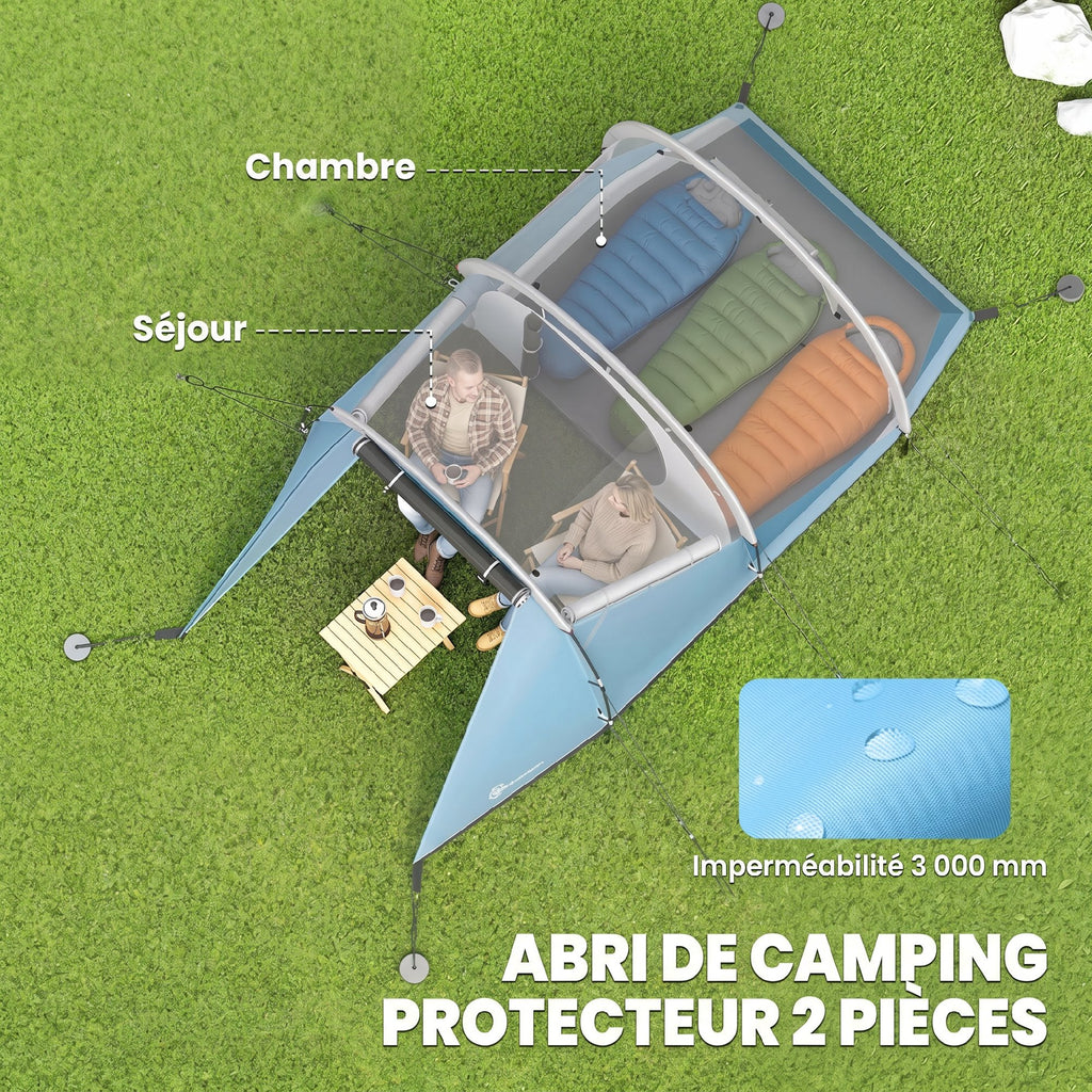 Tente de camping familiale 3 personnes, tente tunnel imperméable, 2 portes fenêtres, ventilée 4,6 x 2,6 x 1,9 m, bleu-3