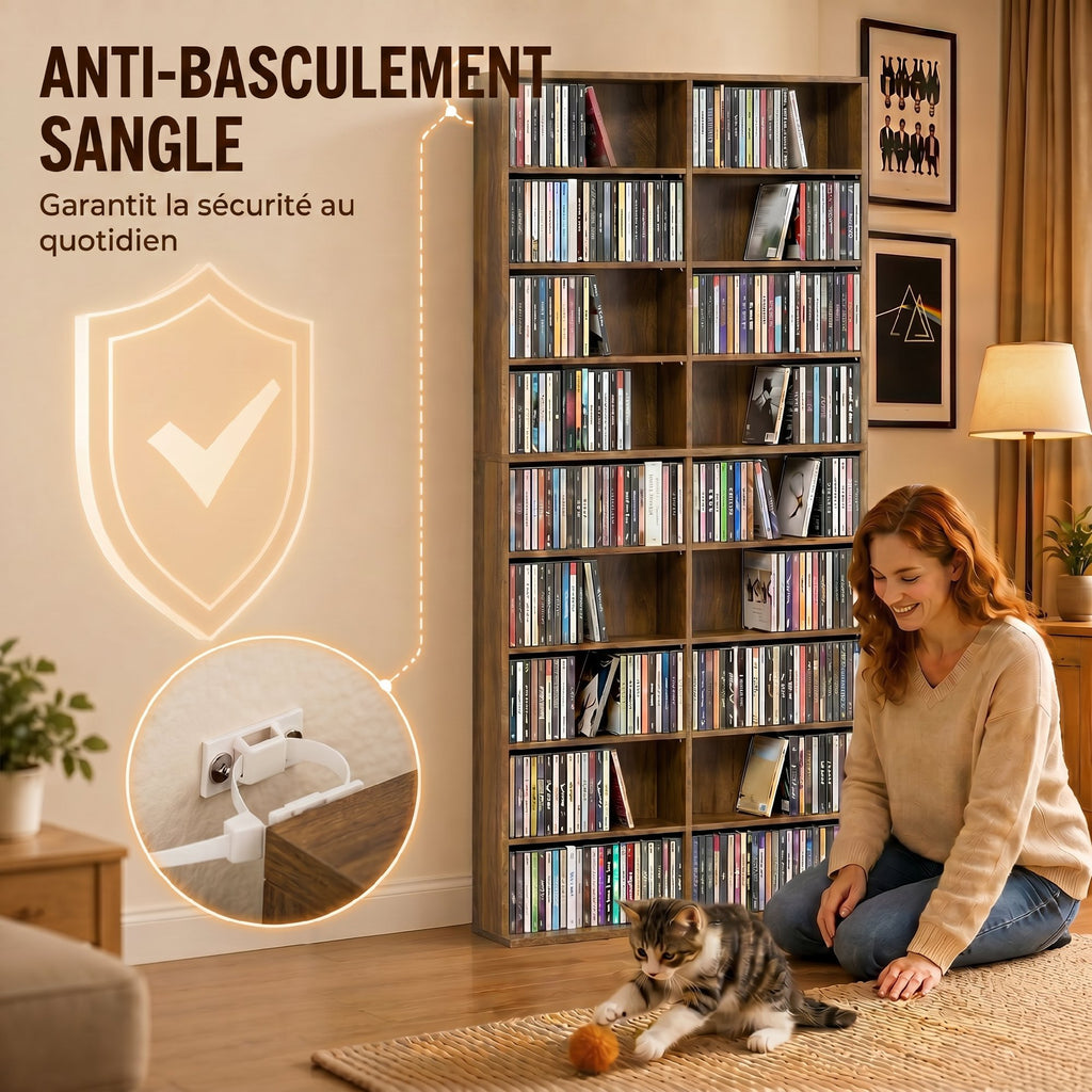 Rangements pour CD et DVD 18 compartiments capacité max. 640 CD/360 DVD 430 Blu-ray 78,5 x 24 x 175 cm noyer foncé-5