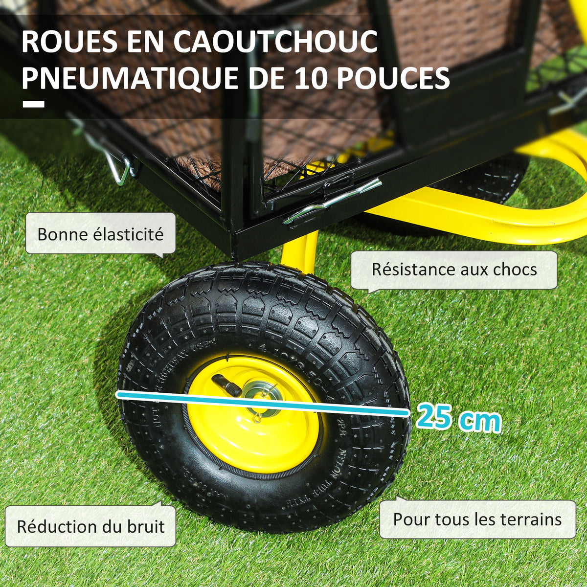 Chariot de jardin chariot de transport 4 roues côtés amovibles transformable en plateau 104 x 54 x 51 cm noir et jaune-3