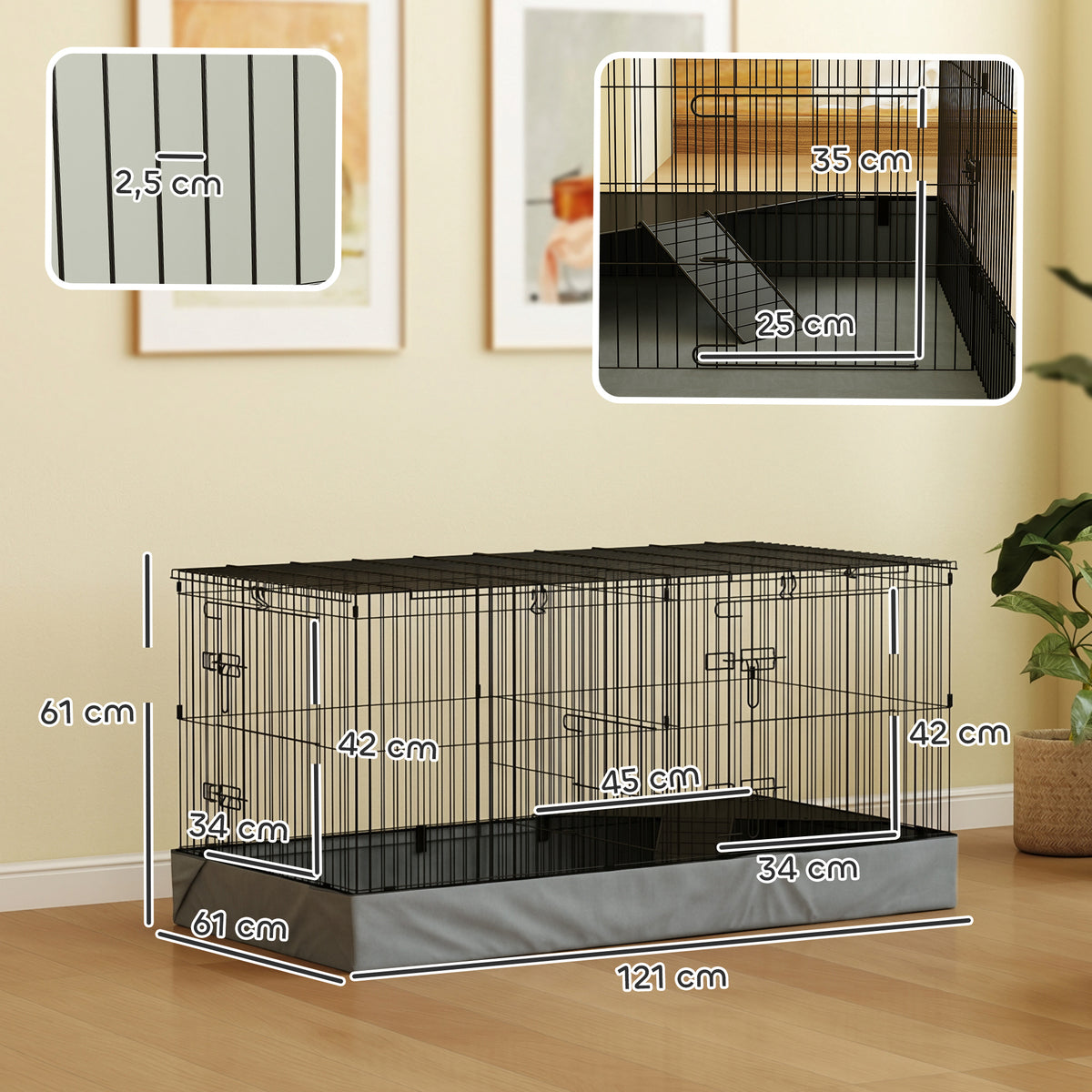 Cage pour petits animaux 2 en 1 avec dessus amovible enclos lapin 2 zones séparées rampe 121 x 61 x 61 cm en acier noir-2