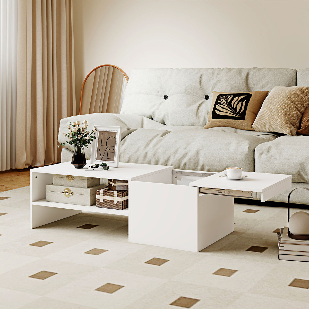 Table basse rectangulaire, table d'appoint plateau coulissant, rangement caché, étagère ouverte, 110 x 52 x 36 cm, blanc-9