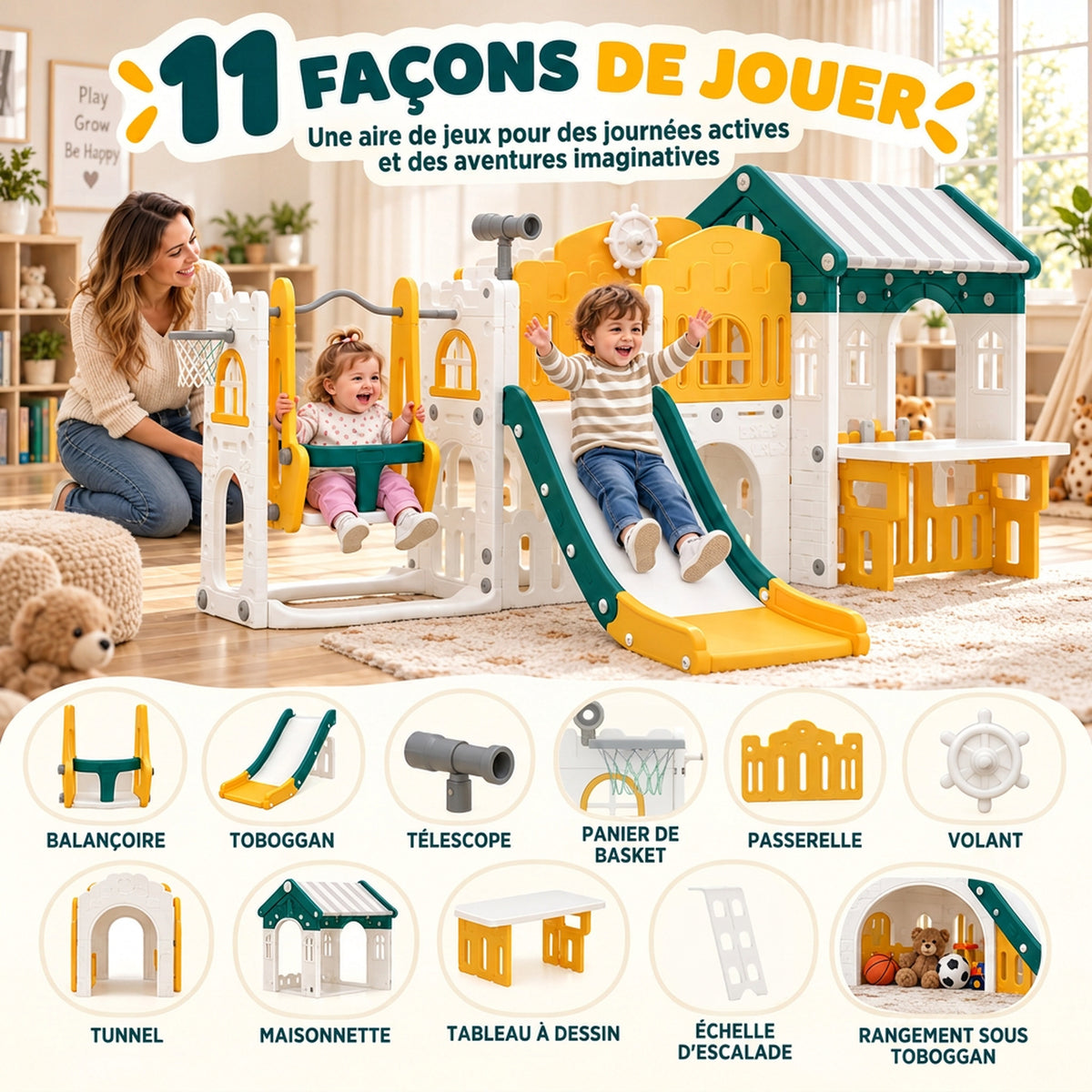 Ensemble Toboggan et Balançoire 11 en 1 Enfants, Aire de Jeux Intérieure, Maisonnette, Panier de Basket, 1-4 Ans, Jaune-3