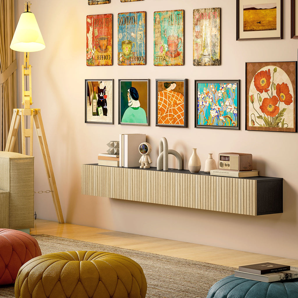Meuble TV suspendu 140cm, meuble télé pour téléviseur 72 pouces, 2 portes rabattables, 140x25x22cm, bois naturel et noir-7