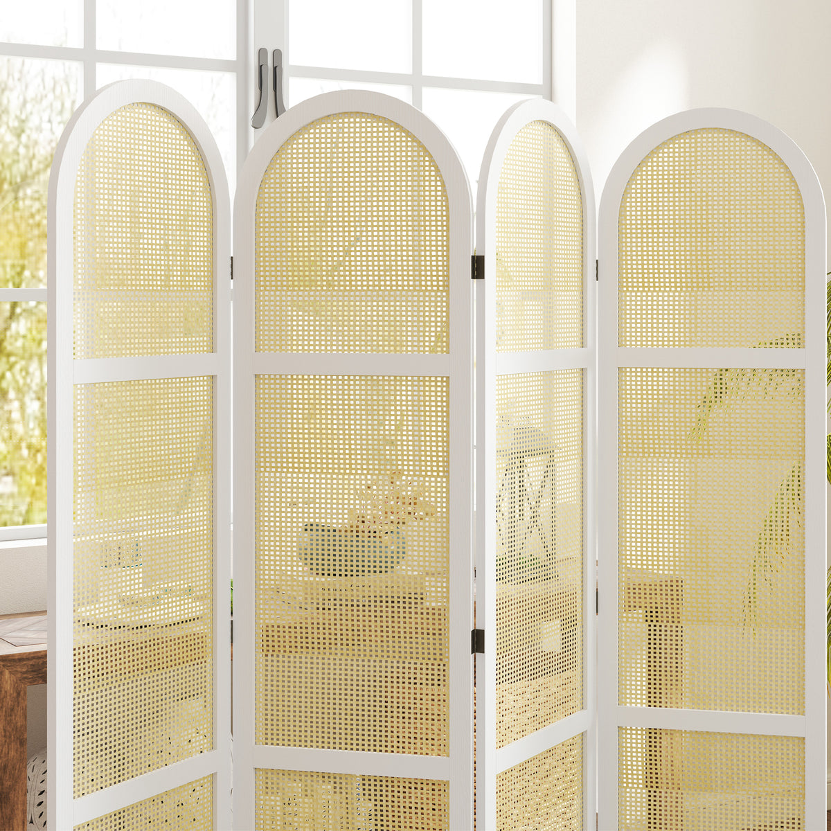 Paravent interieur en bois 4 panneaux 170 x 160 cm pliable et portable, motif tissé à la main, blanc-8
