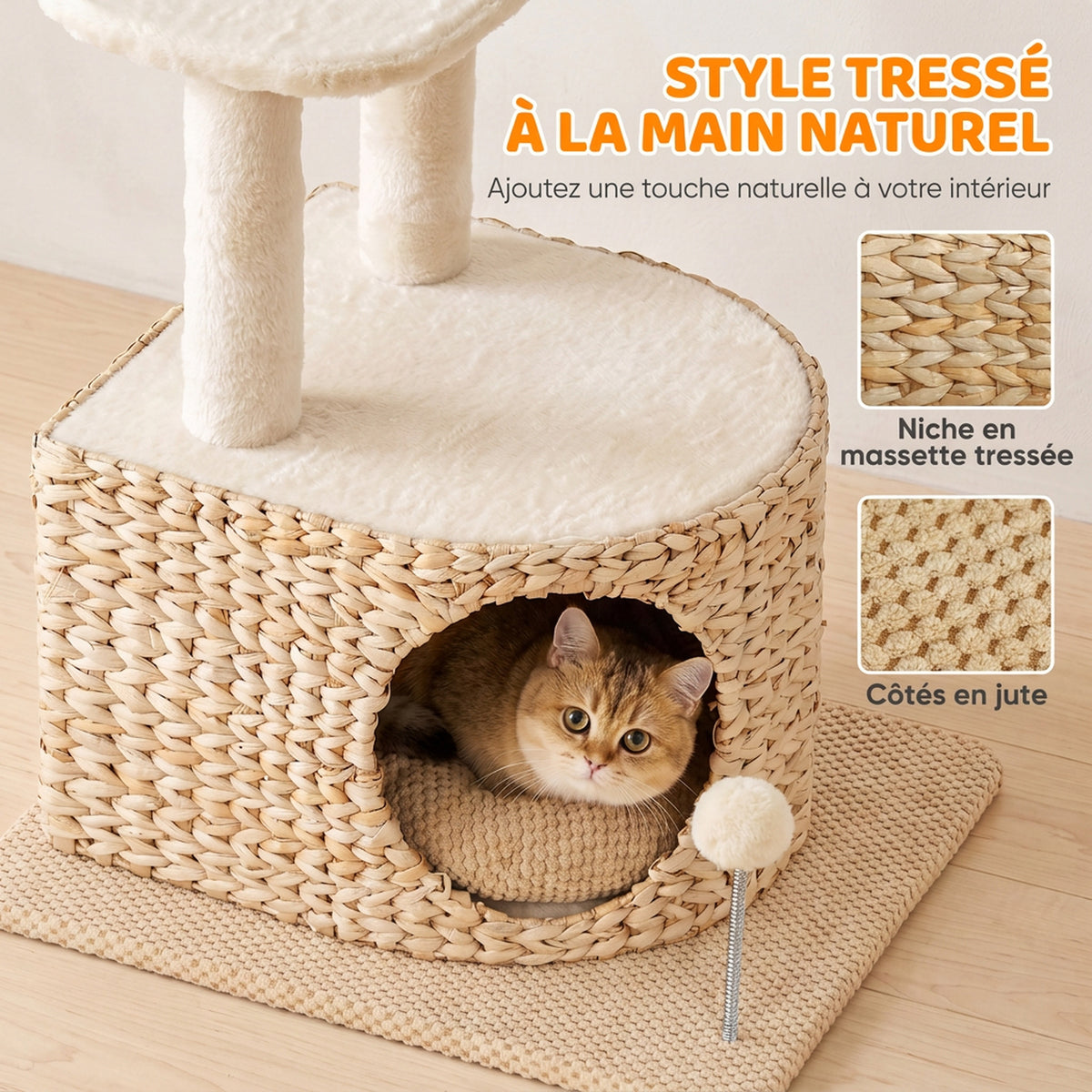 Arbre à Chat Design Moderne Style Tressé avec Griffoir 4 Niveaux Niche en Massette Perchoir en Jute 87 cm Beige-4