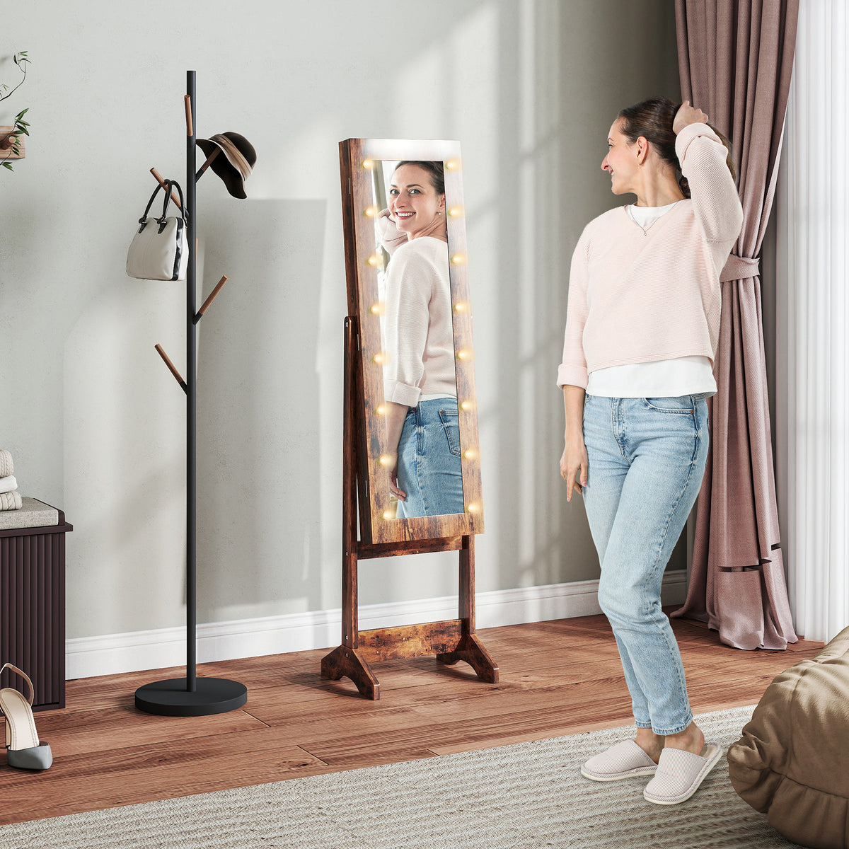 Armoire à bijoux armoire de rangement sur pieds boîte à bijoux avec miroir multi-rangements éclairage LED brun rustique-8