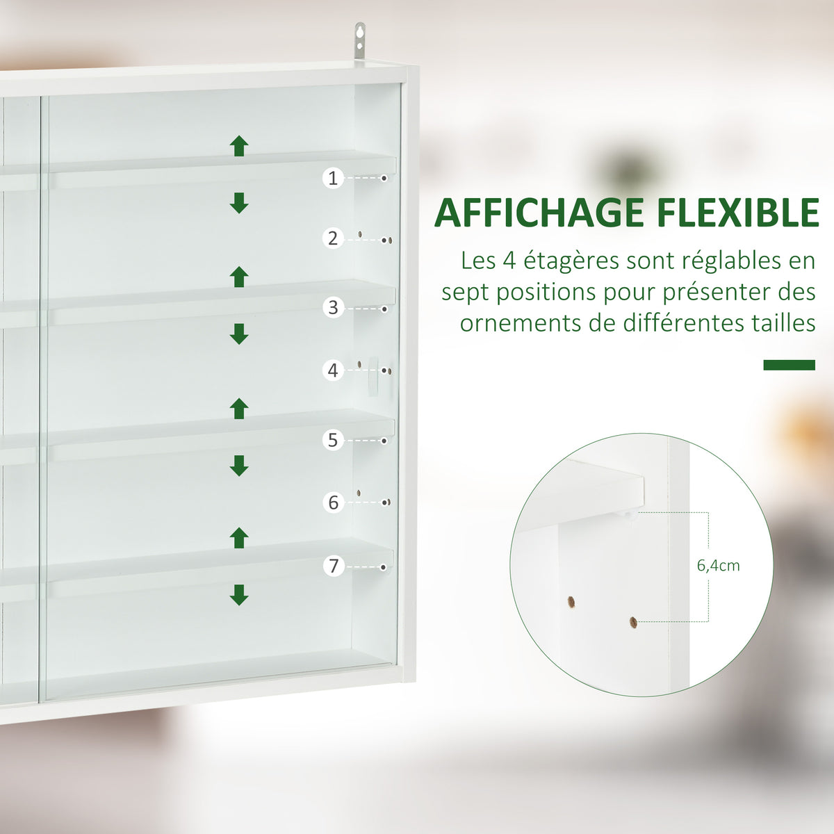 Vitrine murale pour objets de collection 4 étagère réglables en hauteur et 2 portes coulissantes 80 x 9,5 x 60 cm blanc-3