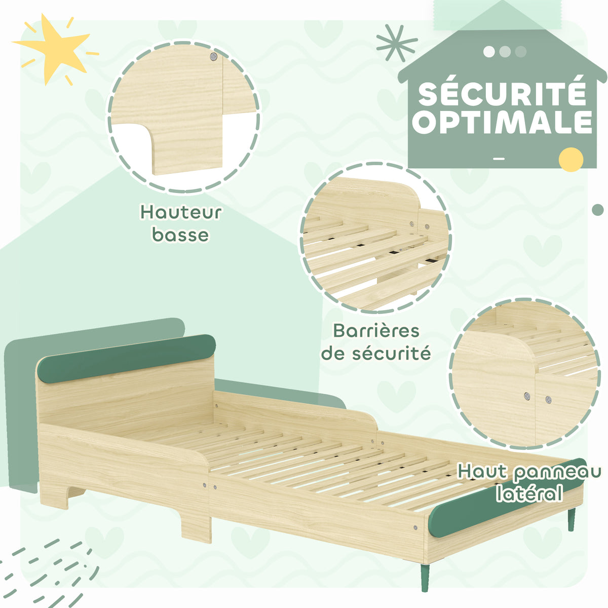 Lit pour enfant lit au sol enfant de 3 à 10 ans avec barrière de sécurité, sommier à lattes inclus, vert-4