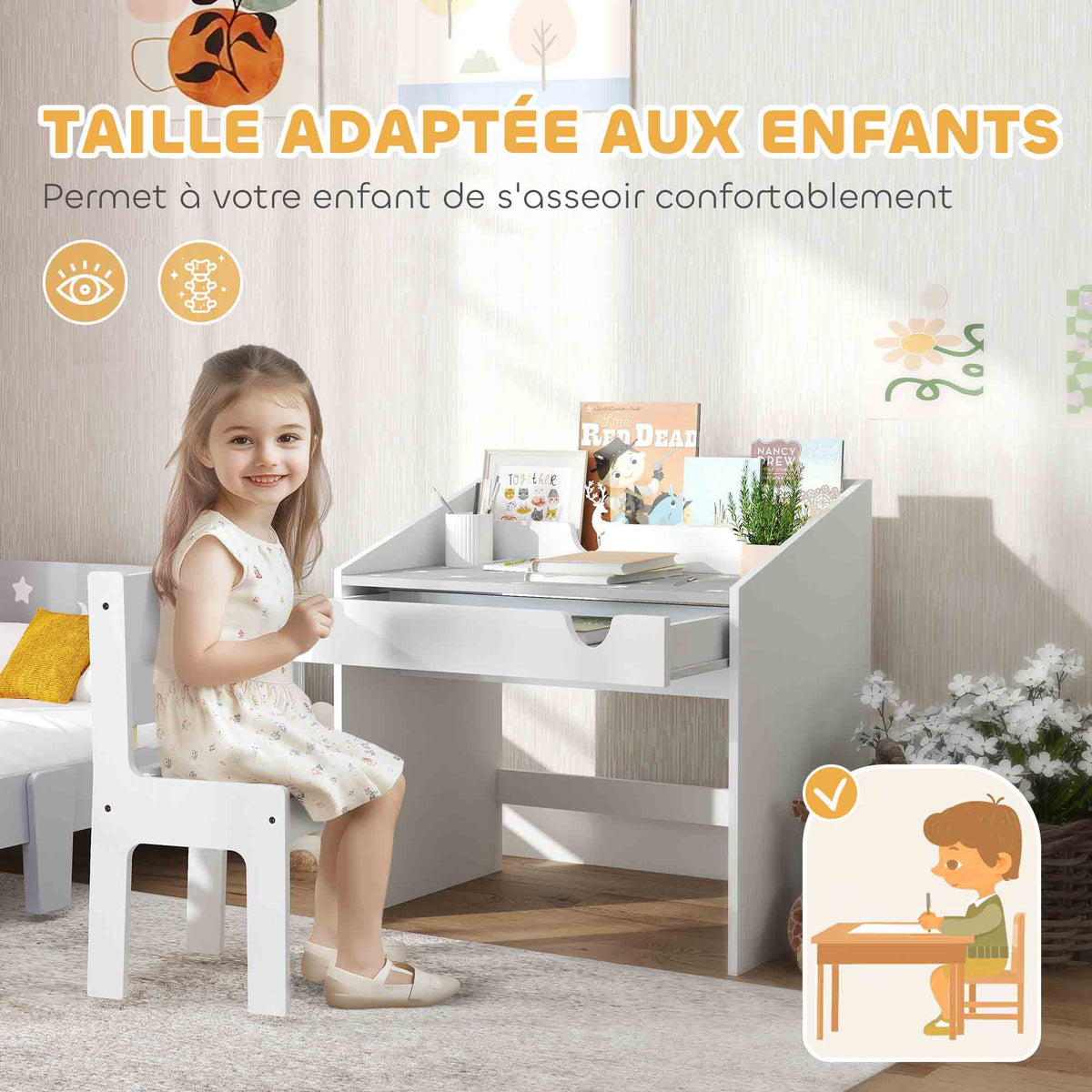 Ensemble Bureau et chaise pour enfants, avec rangement, tiroir coulissant, pour les 3-6 ans, motif étoilé - Gris-5