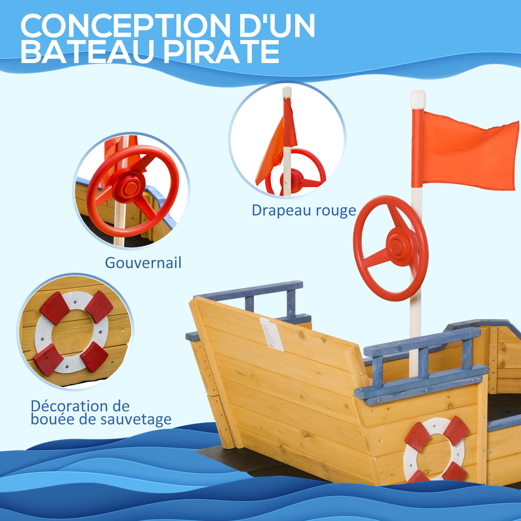 Bac à sable forme de bateau pirate boîte à sable pour enfant gouvernail drapeau rouge 2 marches et espace de rangement-3