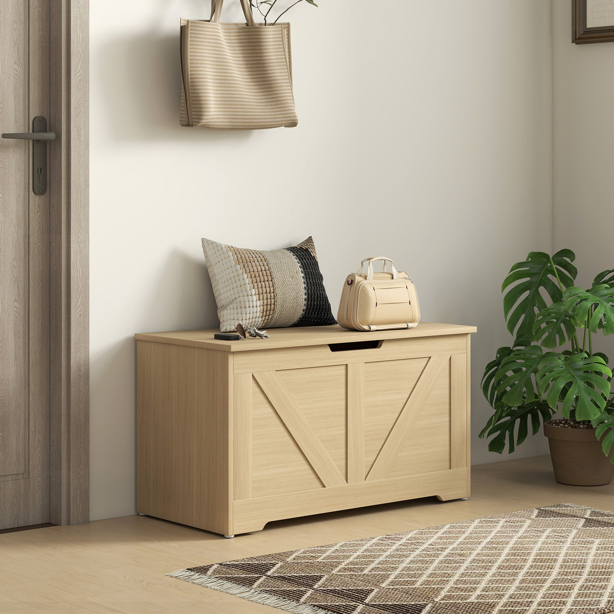 Coffre de rangement, banc de rangement avec couvercle rabattable et charnières de sécurité, 80 x 40 x 45 cm, bois naturel-8