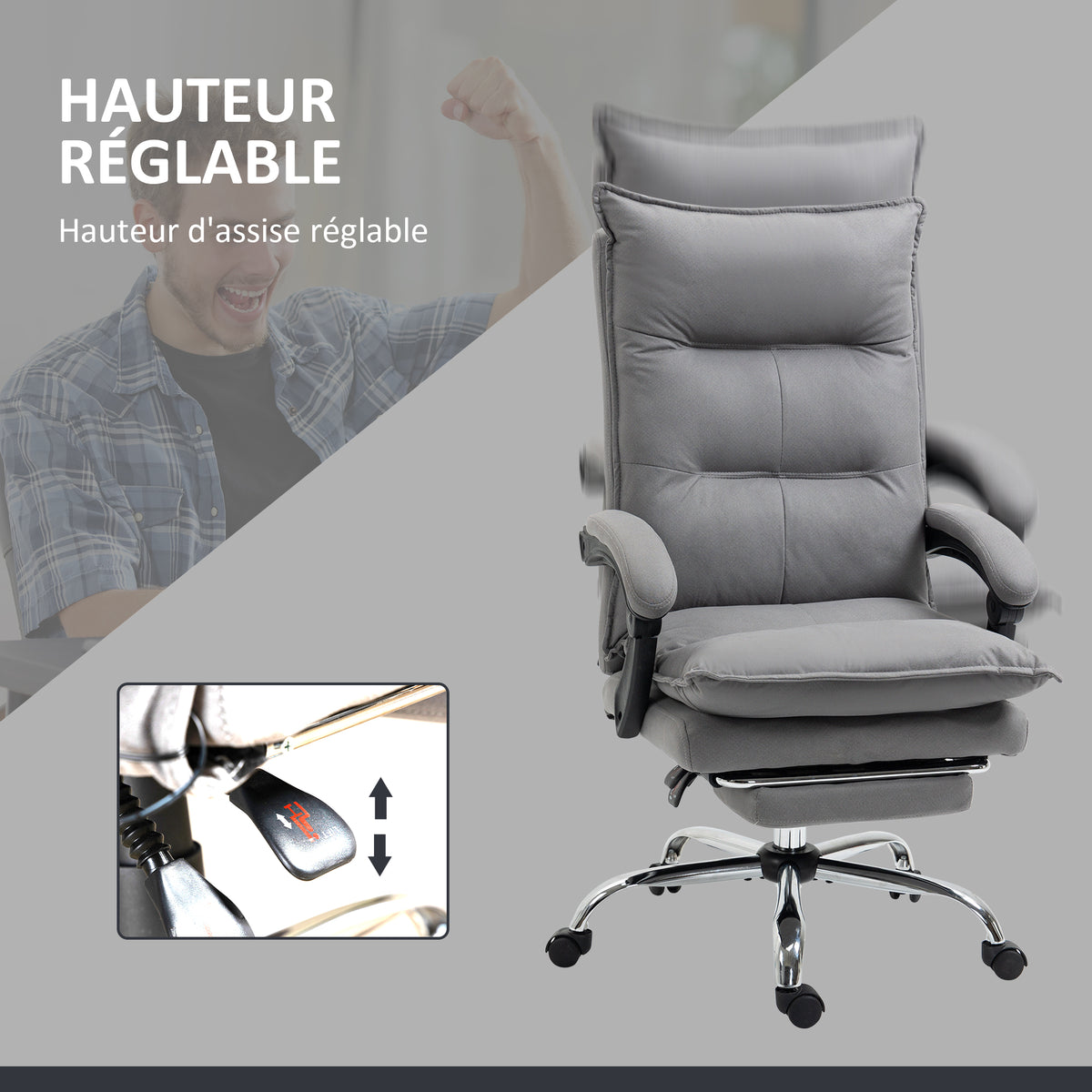 Fauteuil de bureau massant et chauffant, chaise de bureau, hauteur réglable, dossier inclinable, 66x74x121,5cm gris-5
