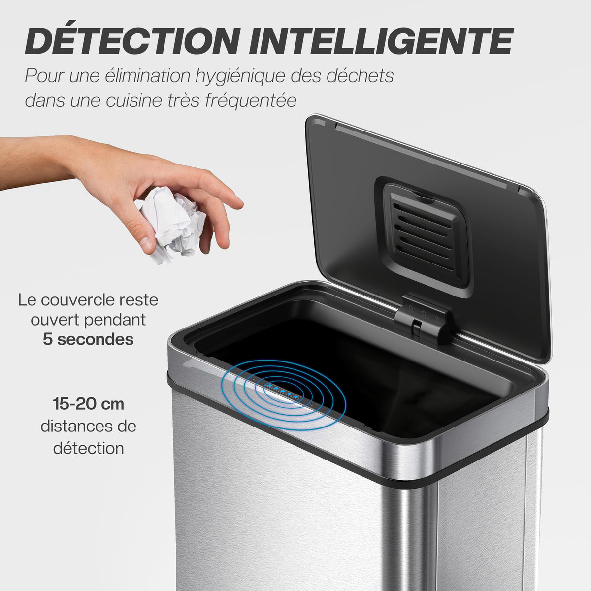 Poubelle à capteur 60 L avec couvercle à fermeture douce, poubelle de cuisine automatique en acier inoxydable, argenté-3