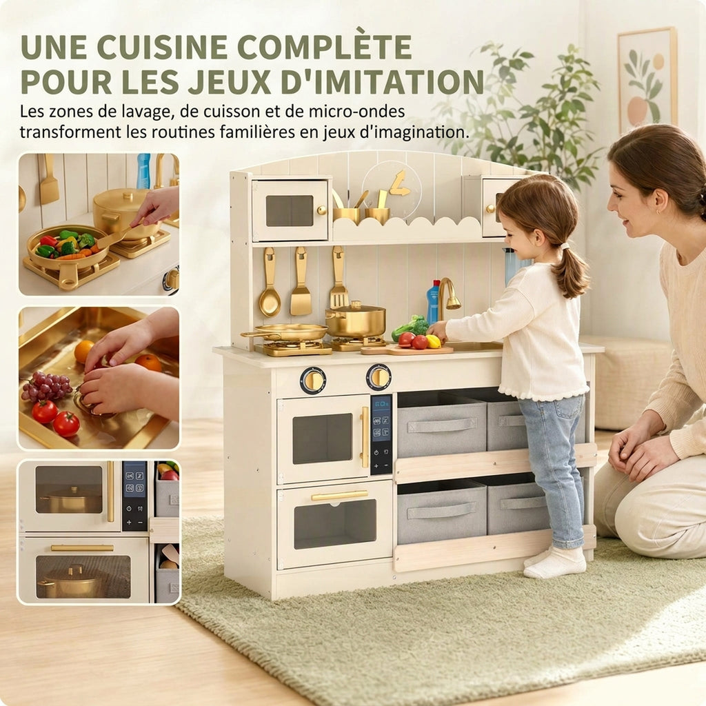 Cuisine Enfant, Cuisine en Bois Enfant Dinette, Effet Lumières et Sons, 4 Bacs en Tissu, 12 Accessoires, 3-6 Ans, Crème-3