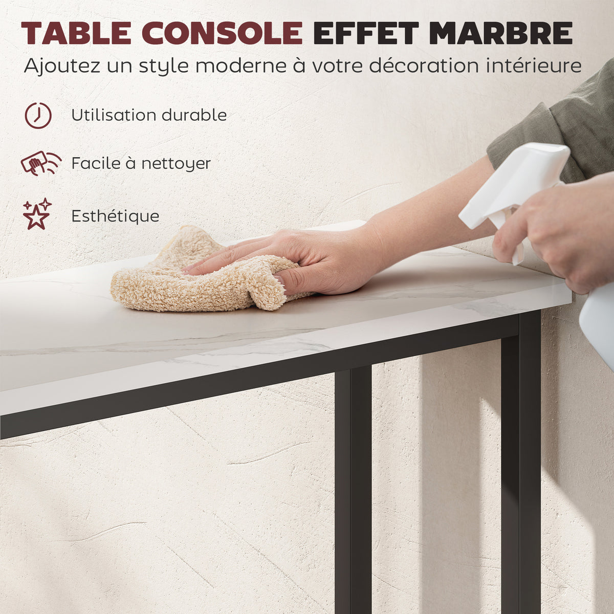 Console meuble 75 cm, table console plateaux en effet marbre, cadre en métal, style moderne blanc et noir-3