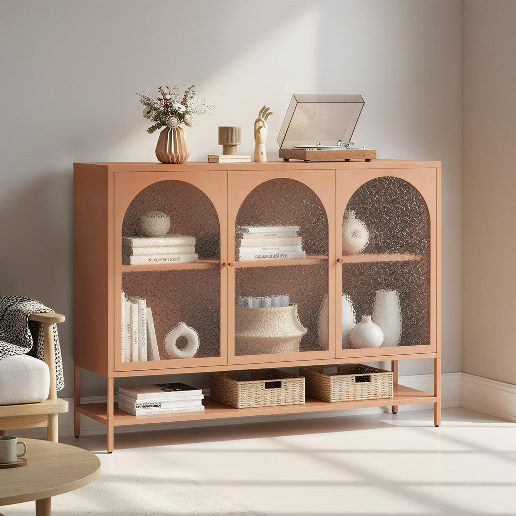 Buffet salon, meuble de rangement avec 3 portes vitrées cintrées et étagère ouverte, 140 x 40 x 105 cm, rouille-1