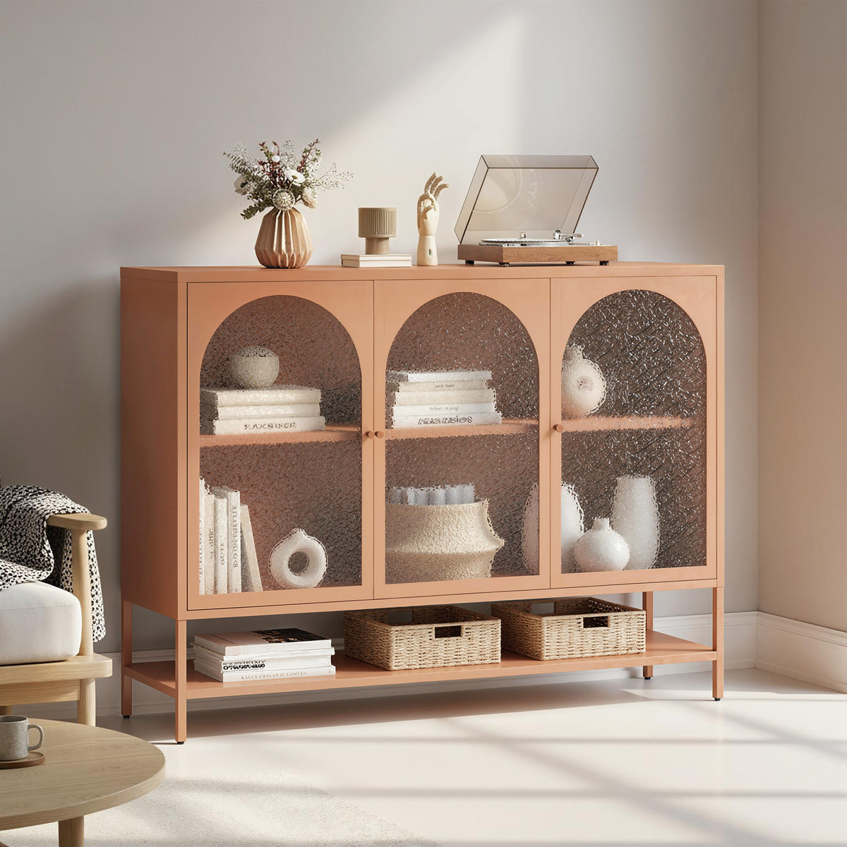 Buffet salon, meuble de rangement avec 3 portes vitrées cintrées et étagère ouverte, 140 x 40 x 105 cm, rouille-1