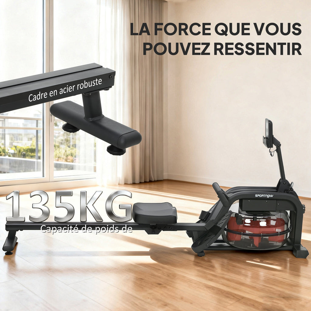 Rameur à eau, rameur musculation d'appartement réservoir ajustable 6-11L écran LCD support de tablette 170x46x77cm noir-6