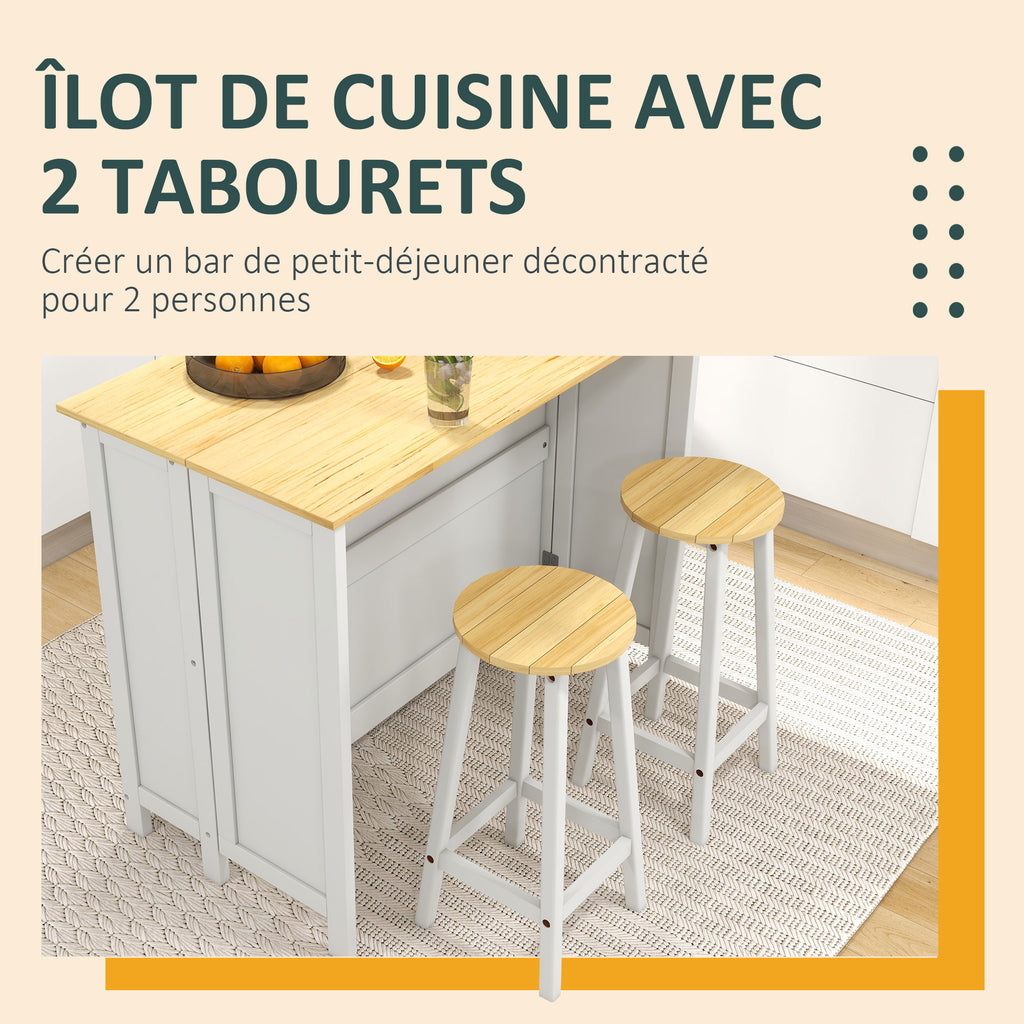Desserte îlot de cuisine avec 2 tabourets plan de travail rabattable 2 placards avec 4 portes design moderne blanc-4