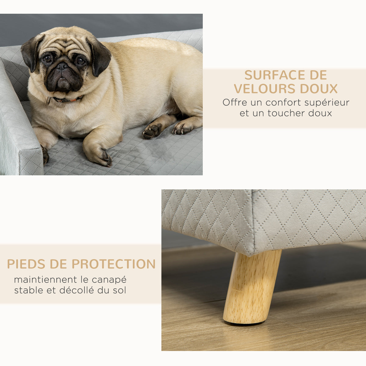 Canapé chien lit pour chien design scandinave coussin moelleux pieds bois massif dim. 64 x 45 x 36 cm velours gris-4
