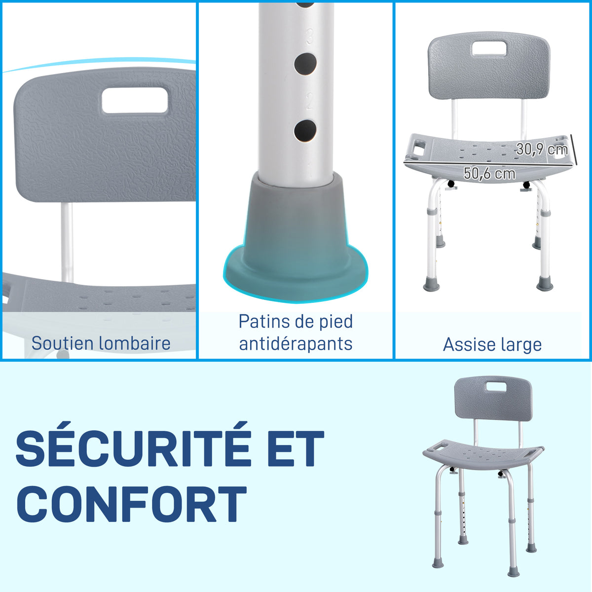 Chaise de Douche siège de Douche Ergonomique Hauteur réglable Pieds antidérapants Charge Max. 136 Kg alu HDPE-4