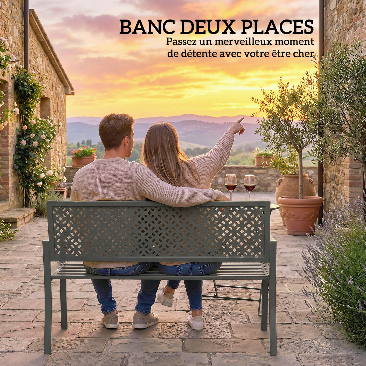 Banc d'extérieur en métal, 2 places, avec dossier géométrique antirouille et accoudoirs, gris foncé-4