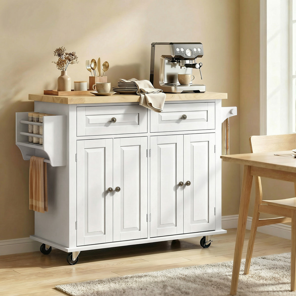 Îlot Central Cuisine avec Plateau en Hévéa, Desserte de Cuisine sur Roulettes avec 2 Tiroirs, 111 x 44,5 x 82,5cm, blanc-8
